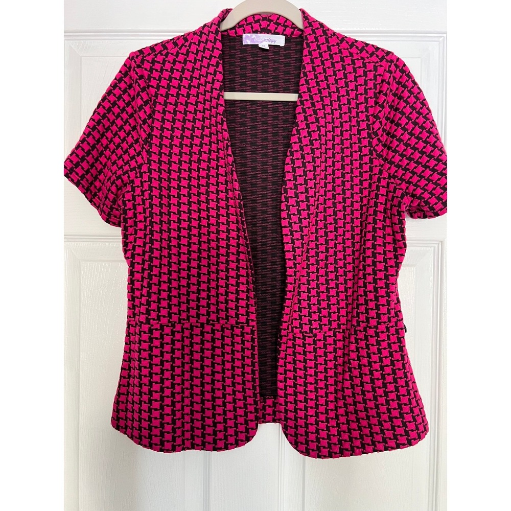 Trinhnology Pink Black Houndstooth Open Front Short Sleeve Cardigan Jacket 10